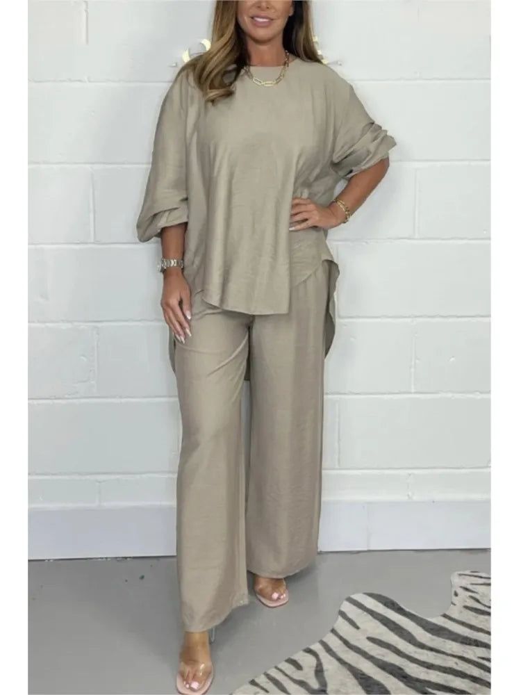 Women's Suit Casual Loose Solid Color Satin 2-piece Set Spring Fall New Blouse Top + Pants Sets Daily Wear Elegant Outfit Female.