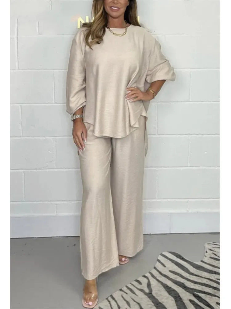 Women's Suit Casual Loose Solid Color Satin 2-piece Set Spring Fall New Blouse Top + Pants Sets Daily Wear Elegant Outfit Female.