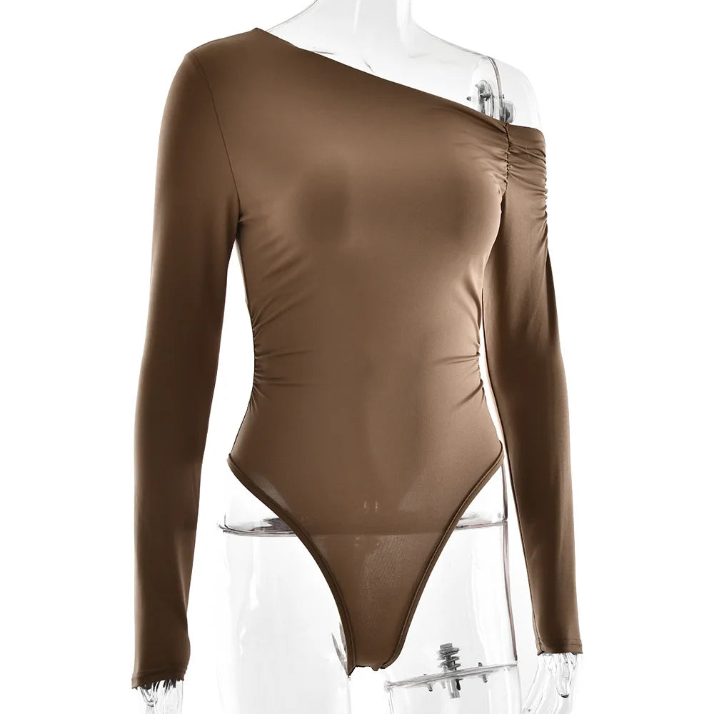 Cryptographic Fashion Solid Long Sleeve Bodysuits Elegant Outfits Slim Asymmetrical Tops Streetwear Basic One Piece Clothes.