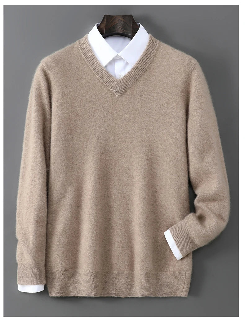 2025 Autumn Winter New Men's Wool Sweater Solid Color V-Neck Pullover Sweater Casual Loose Business Knit Plus Size Base Sweaters.