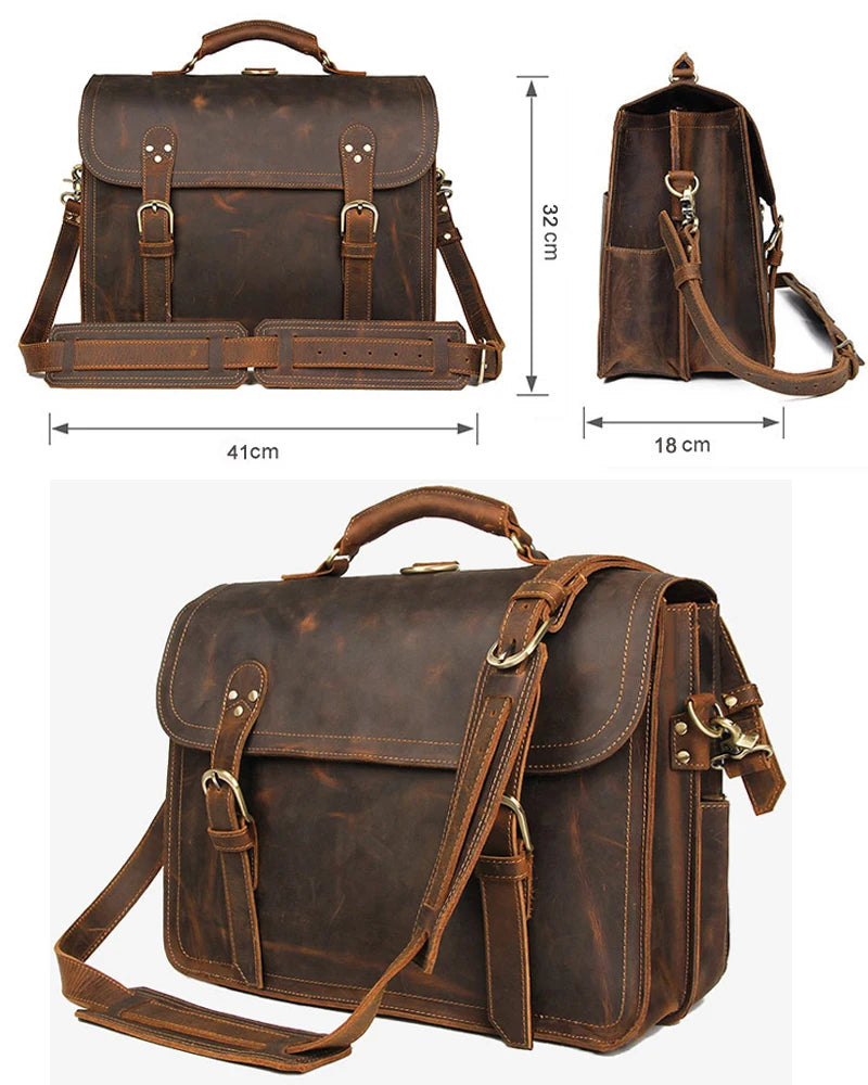 Vintage verrückte Pferd Echt leder Männer Aktentasche große Business-Tasche Einkaufstasche 15.6 "Laptop-Tasche Attache männliche Umhängetasche.