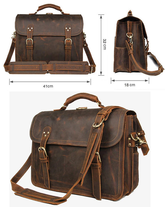 Vintage verrückte Pferd Echt leder Männer Aktentasche große Business-Tasche Einkaufstasche 15.6 "Laptop-Tasche Attache männliche Umhängetasche.