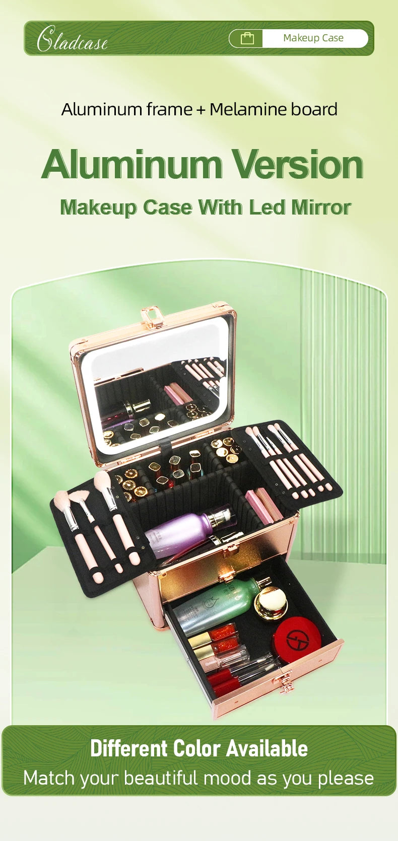 Large Capacity Makeup Case with LED Mirror Multiple Size Options Cosmetic Box LED Mirror Makeup Storage Box for Beauty Salons.