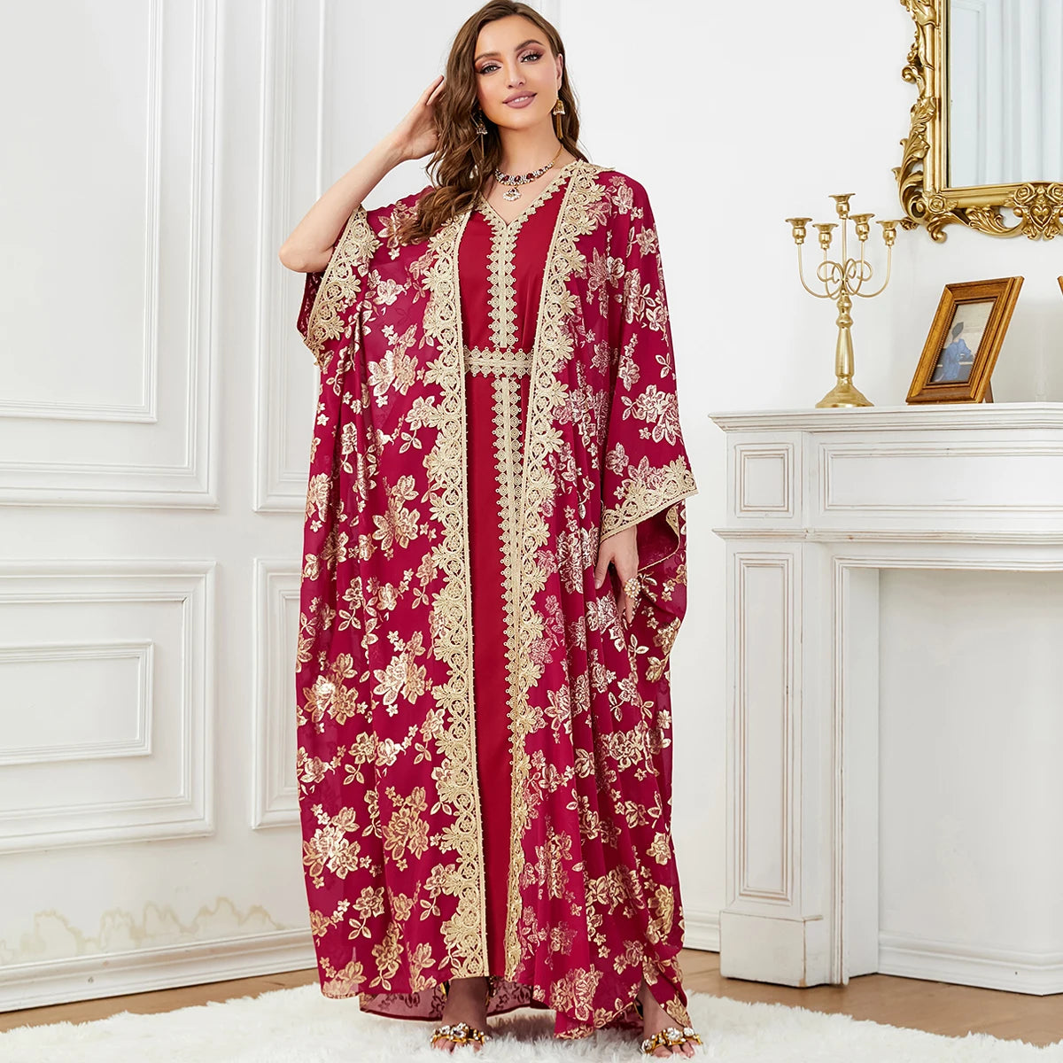 Eid Muslim Party Dress for Women Abaya with Inner Dress 2 Piece Set Jalabiya Ramadan Abayas Robe Caftan Vestidos Largos 2024.