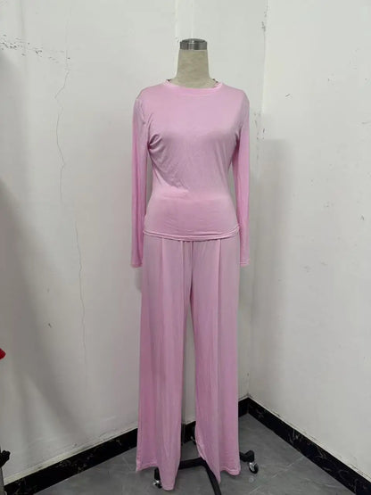 Solid Color Top Women Set Slim Fit Long Sleeved O-neck Top Pleated Straight Pocket Pants 2025 Spring/summer Vacation Women's Set.