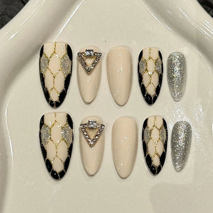 10pcs Handmade Almond False Nails Black White Alligator Print French Style Press On Nail Diamond Cross Design Wearable Fake Nail.