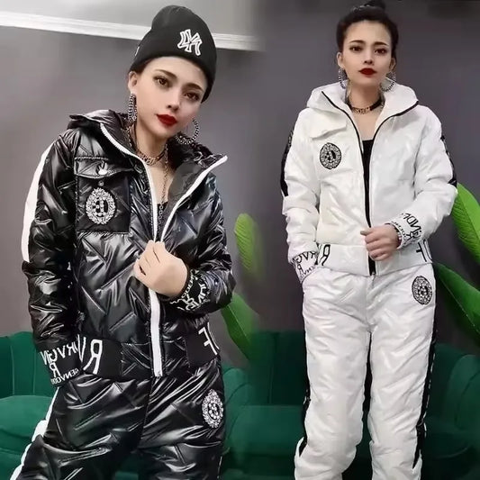 Mode Winter Glänzend Parkas Frauen Anzug Übergroßen Zwei Stück Set Casual Mit Kapuze Baumwolle Gepolsterte Kurzen Mantel + Verdicken Warme Hose Sets