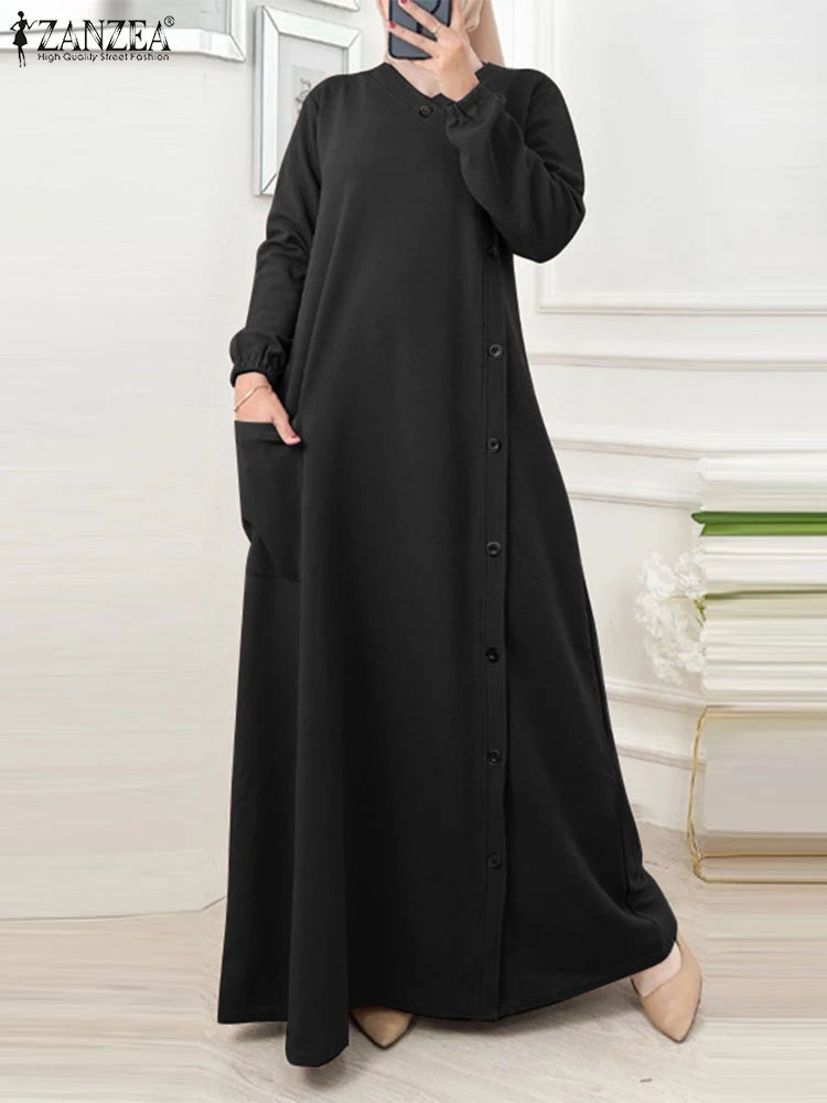 ZANZEA Muslim Casual Loose Long Dresses Textured O Neck Buttons Long Sleeve A-line Vestidos Women 2024 Islamic Hijab Abaya Robes
