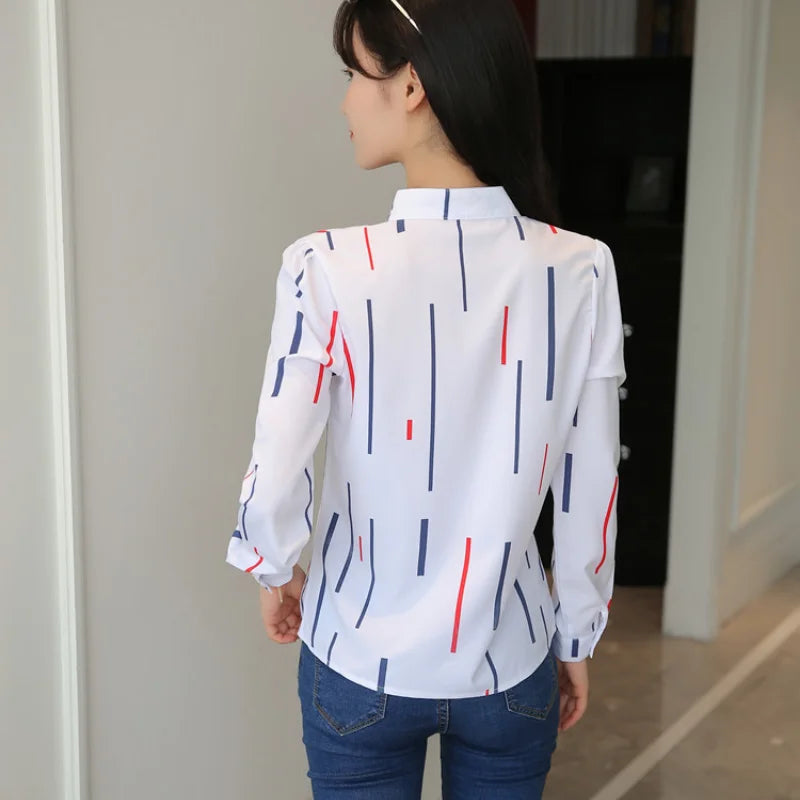 Stripe Women Blouse Fashion Standing Collar Women's Shirt Long Sleeved Shirts and Blouses Printing Ladies Tops Basic Womens Tops.