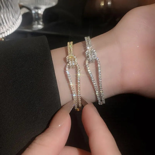 Exquisite Full Zircon Cuff Bracelets Gold Plating Copper Knot Opening Bracelet Minimalist Women's Bangle For Wedding Party.