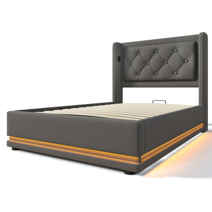 Gepolstertes Einzelbett 90x200 cm, graue Baumwolle, USB-C-Aufladung, 3-seitige LED (keine Matratze)