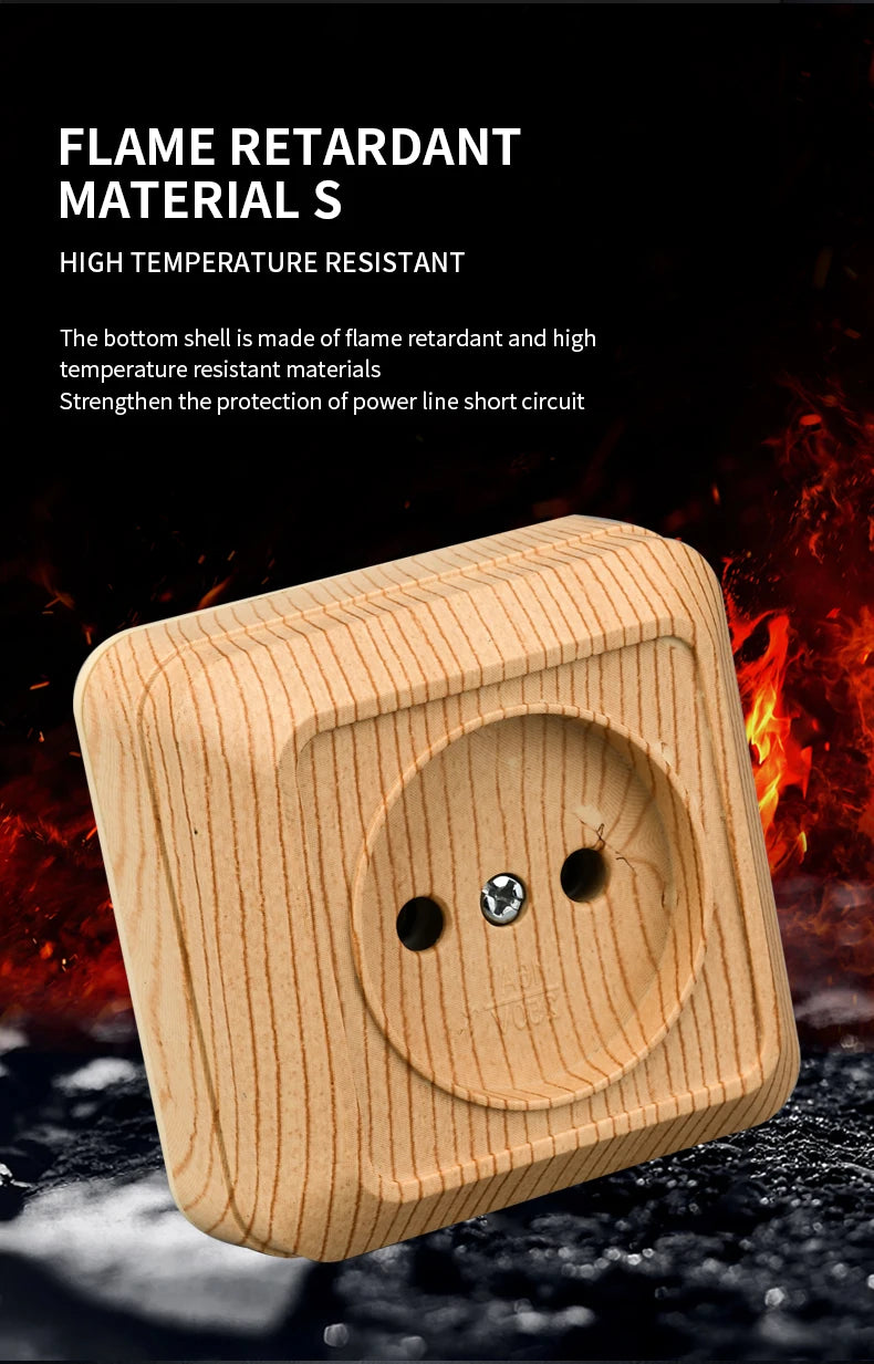 WESA Holz-Wandsteckdose, EU-Standard, Steckdose, Vintage-Imitation, Holzfarbe, Steckdose, flammhemmender Kunststoff.