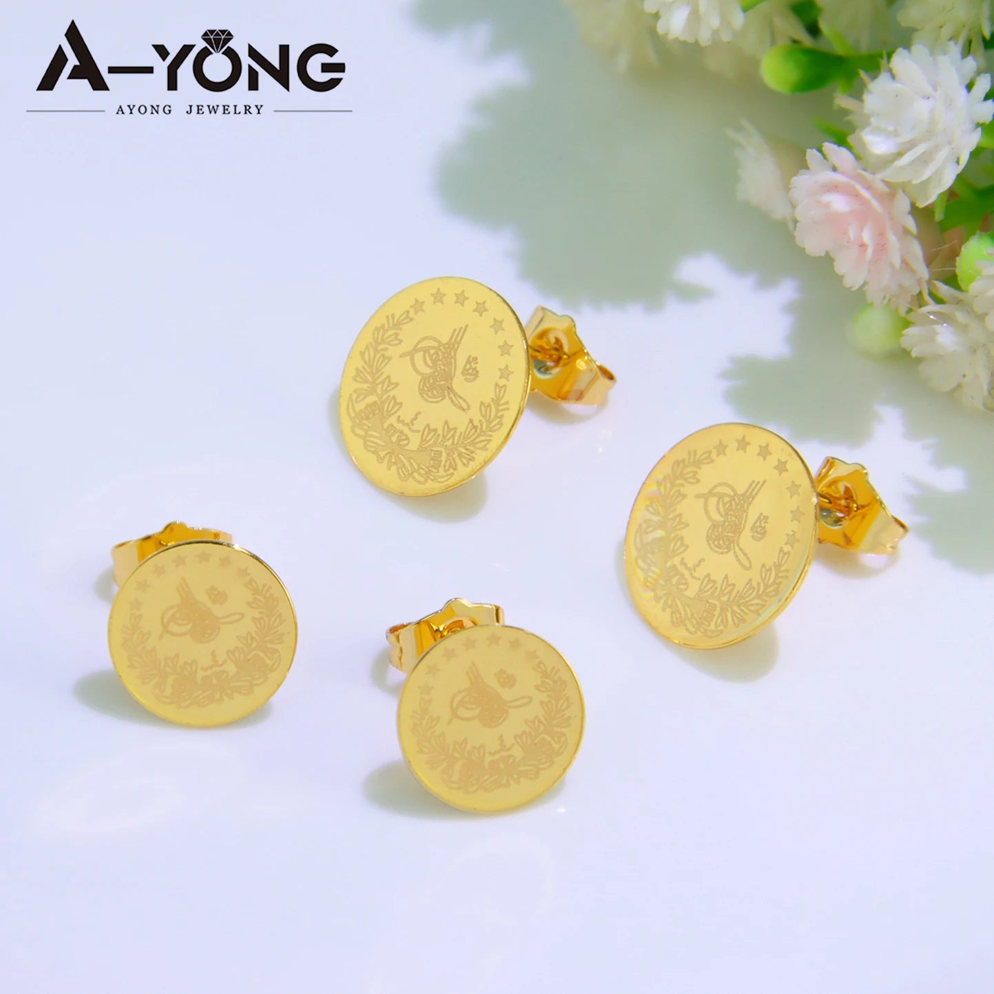 Simple Turkish Liberty Coin Stud Earrings 18k Gold Plated Round Ear Nail Dubai Arab Women Engagement Wedding Party Jewelry.