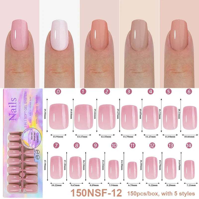150Pcs/Box Acrylic Press on Nails Full Cover Fake False Tips Soft Gel Extension T-shaped Oval Capsule Almond Sculpted Salon DIY