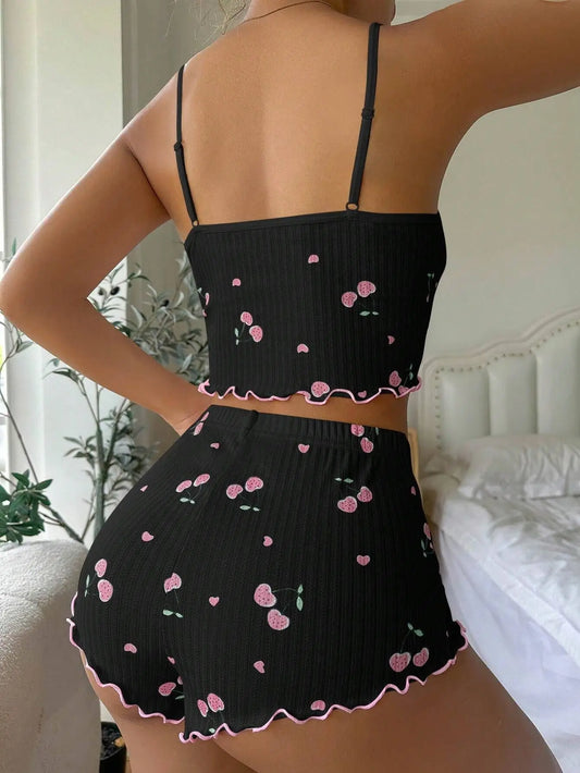 Damen-Pyjama-Set mit Herz-Print, sexy geripptem Schleifendekor, rückenfrei, bequemes Crop-Cami-Top und Shorts mit Rundhalsausschnitt, Sommer-Nachtwäsche