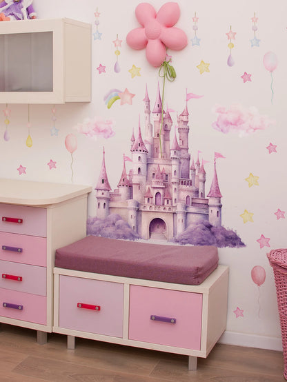 2sheet/set Pink Castle Wall Decals,  Clouds Stars Wall Stickers, Balloon Wall Decor for Kids Girls Bedroom Nursery Home.