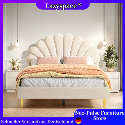 Lazyspace Samt-Doppelbett mit Blütenblättern, 140 x 200 cm Bettgestell mit Blütenblatt-Kopfteil