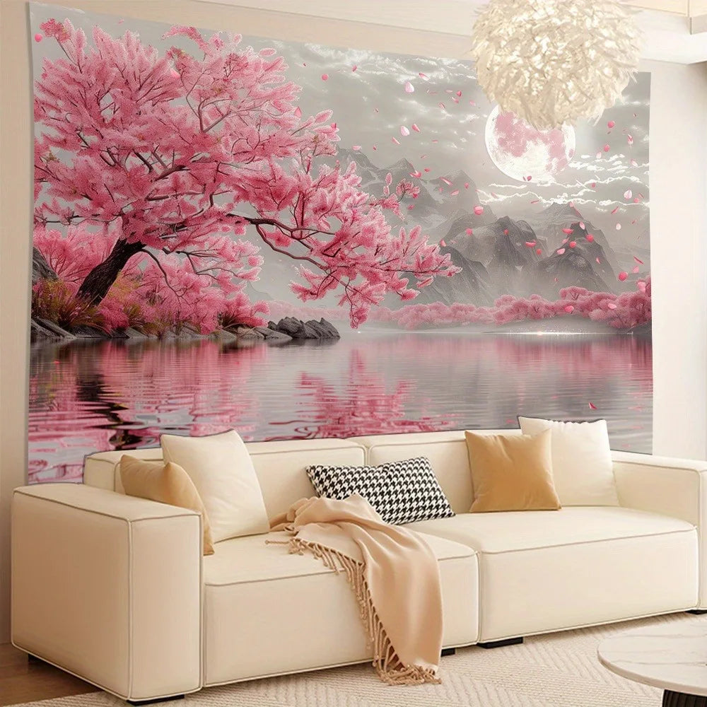 Pink Cherry Blossom & Moon Tapestry - Japanese Landscape Wall Decor for Living Room & Bedroom.
