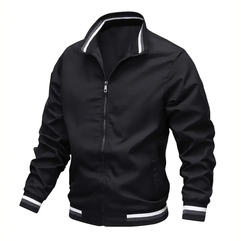 New Autumn and Winter Men's Windproof Stand Up Collar Jacket, Men's Stand Up Collar Striped Collar Casual Top No Velvet Sports F.