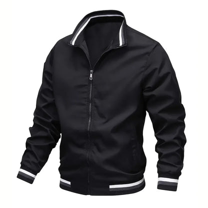 New Autumn and Winter Men's Windproof Stand Up Collar Jacket, Men's Stand Up Collar Striped Collar Casual Top No Velvet Sports F.