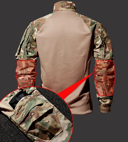 Autumn Tactical Sets Men Outdoor Breathable Short Sleeve Tshirt+Waterproof Straight Pant 2 Pcs Suits Camo Multi-pocket Cargo Set.