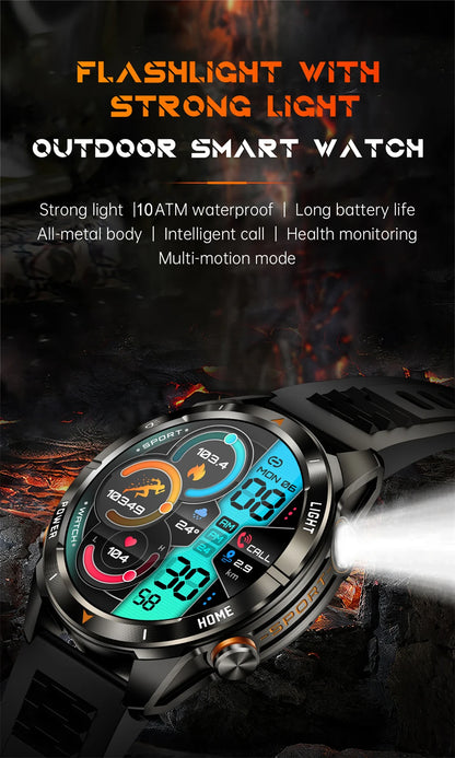 New Outdoor Sport Smart Watch Men 1.46" AMOLED Screen LED Flashlight 515mAh Battery 10ATM Waterproof Bluetooth Call Smartwatch.
