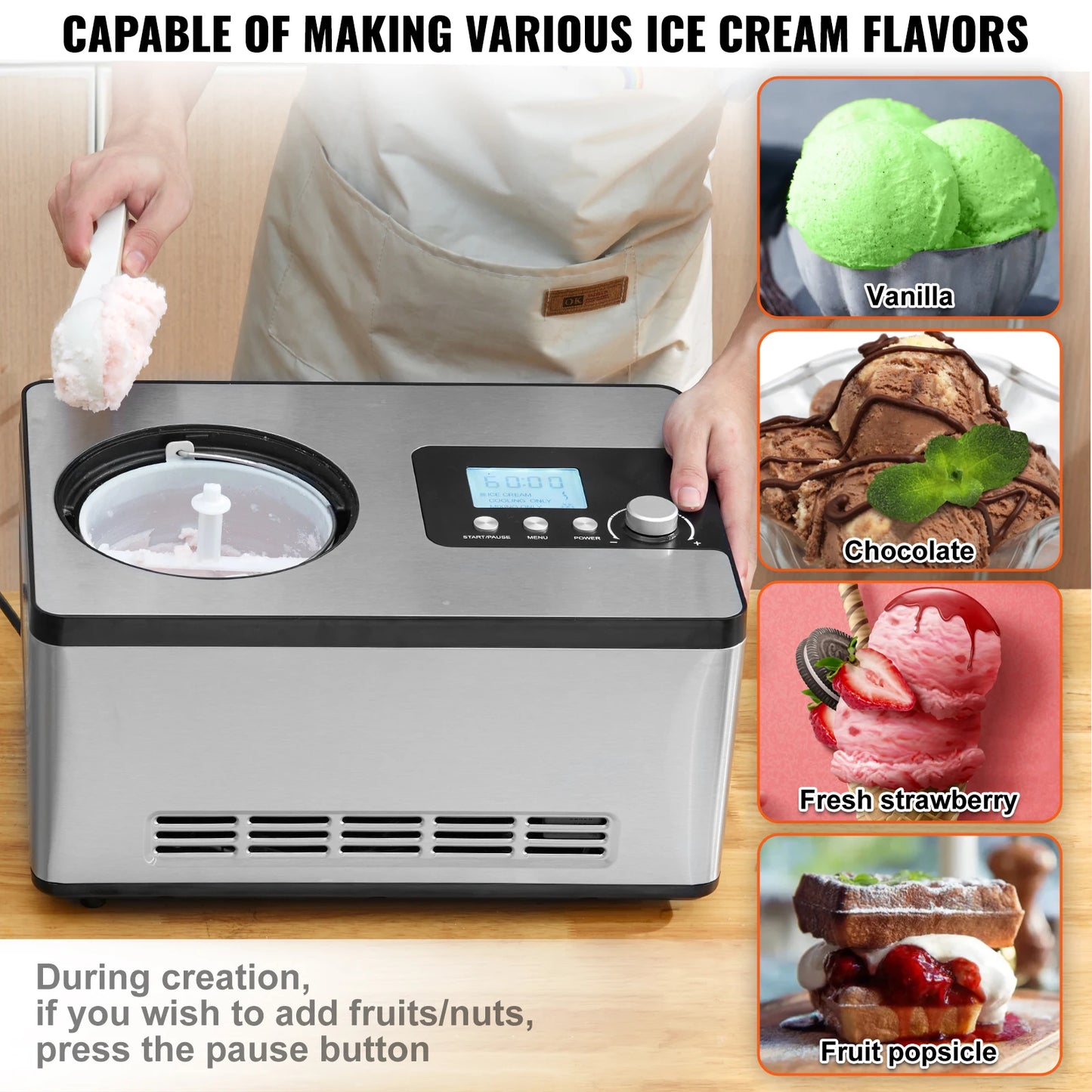 SucceBuy Automatic Ice Cream Maker with Built-in Compressor 2 Quart No Pre-freezing Fruit Yogurt Machine Electric Sorbet Maker.