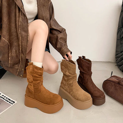 Chunky Platform Thick Sole Woman Ankle Boots Design Round Toe Slip On Shoes  2025 Autumn Winter Short Botas Para Mujer.