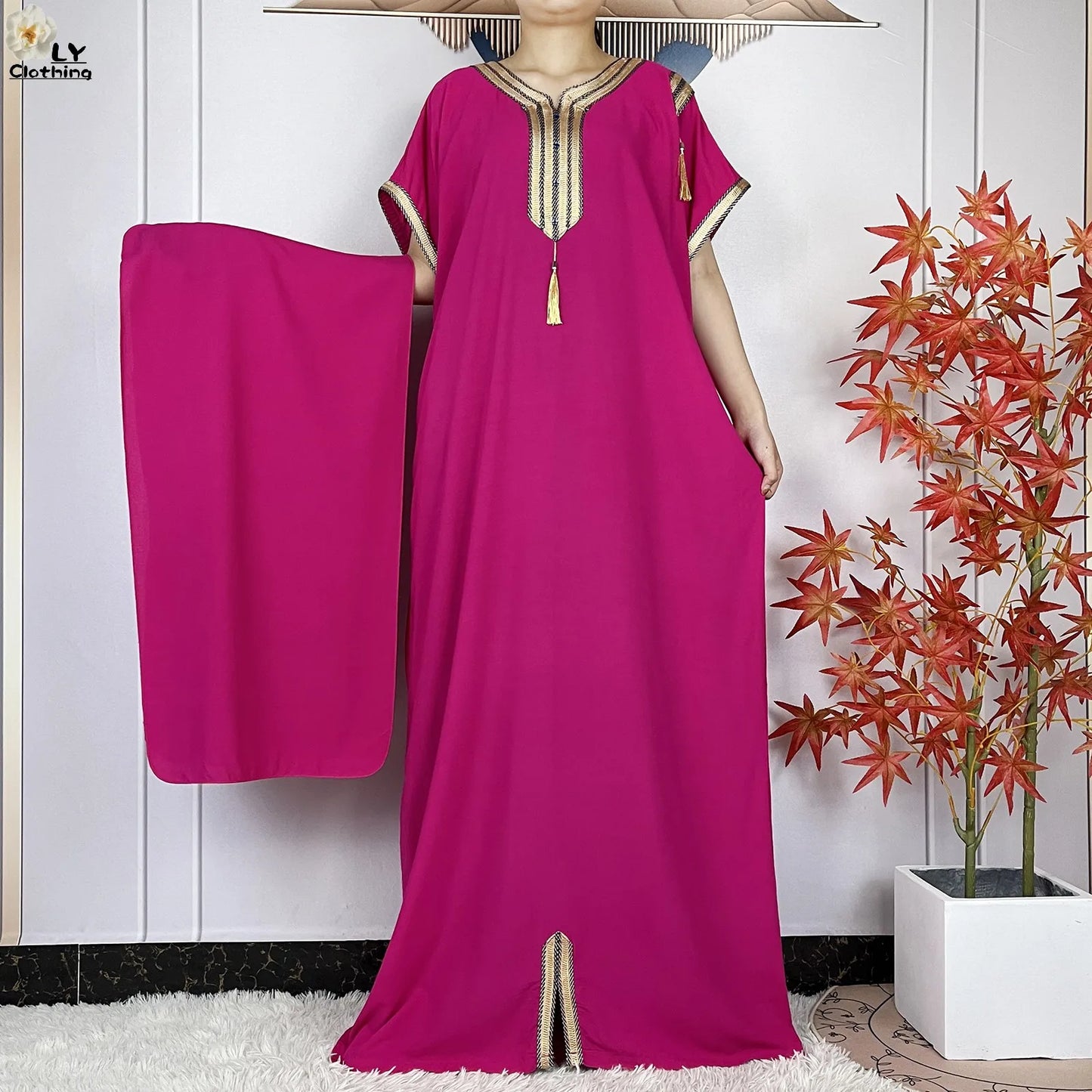 New Muslim Abayas Summer Short Sleeve African Dashiki Tassels Cotton Loose Caftan Lady Maxi Islam Casual Dresses With Headscarf