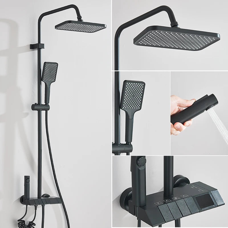 Smart Digital Display Shower Faucet Set Piano Style Rainlfall Bathroom System Grey Digital Mixer Tap Bidet Shower