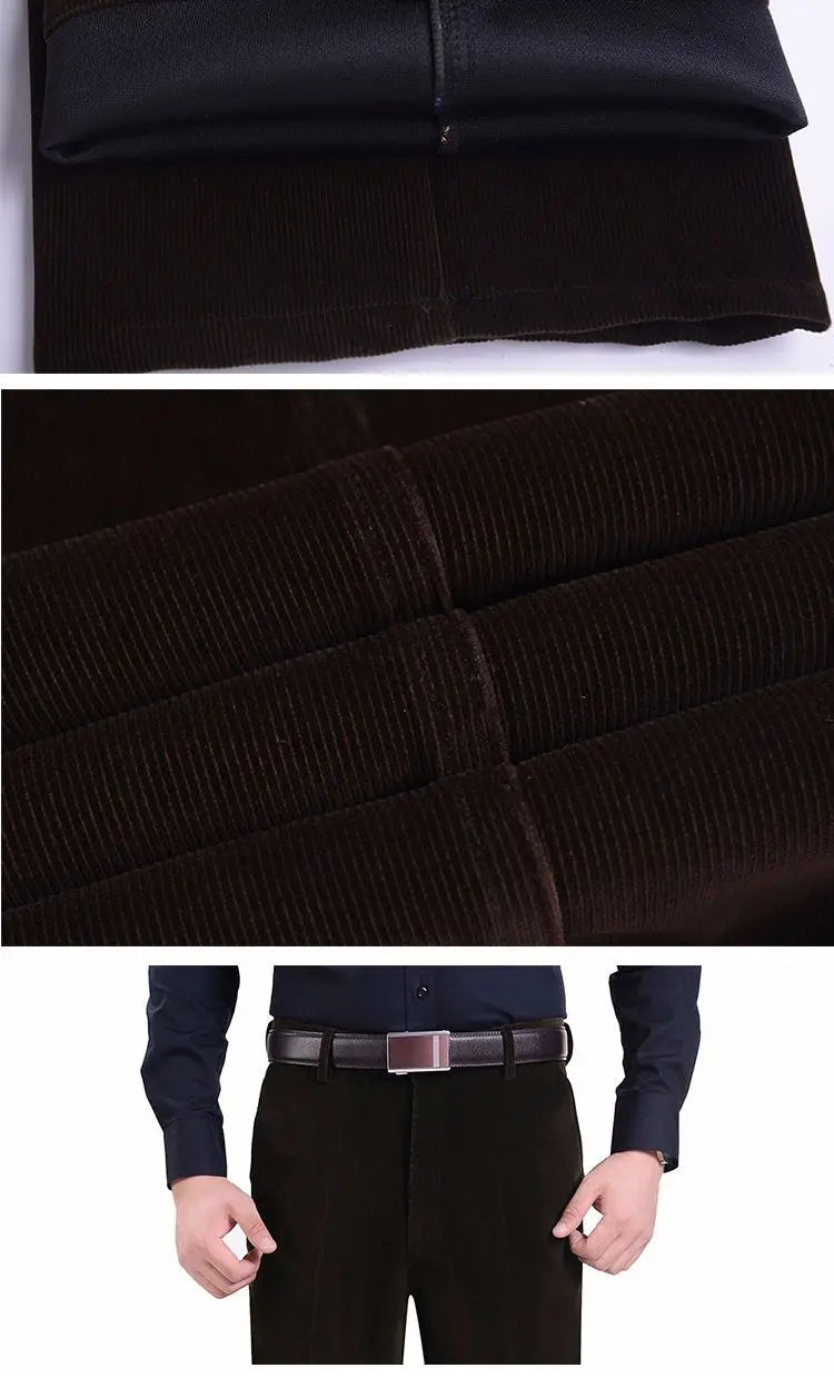 Business Casual Men Corduroy Pants Autumn Winter New Solid Zipper Pockets Simplicity Fashion Loose Thicken Straight Trousers.