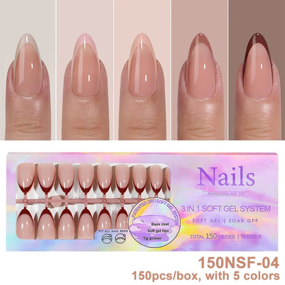 150Pcs/Box Acrylic Press on Nails Full Cover Fake False Tips Soft Gel Extension T-shaped Oval Capsule Almond Sculpted Salon DIY.