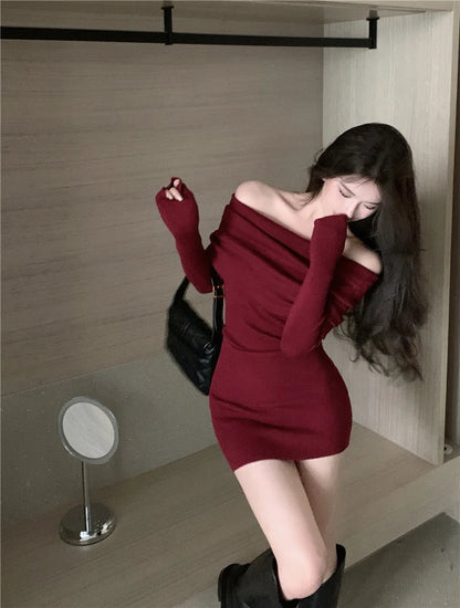 Schwarz Off Schulter Mini Kleider Elegante Langarm Mode Schlank Sexy Frauen Herbst Winter Kleidung Dünne Pullover Kleid Bodycon.