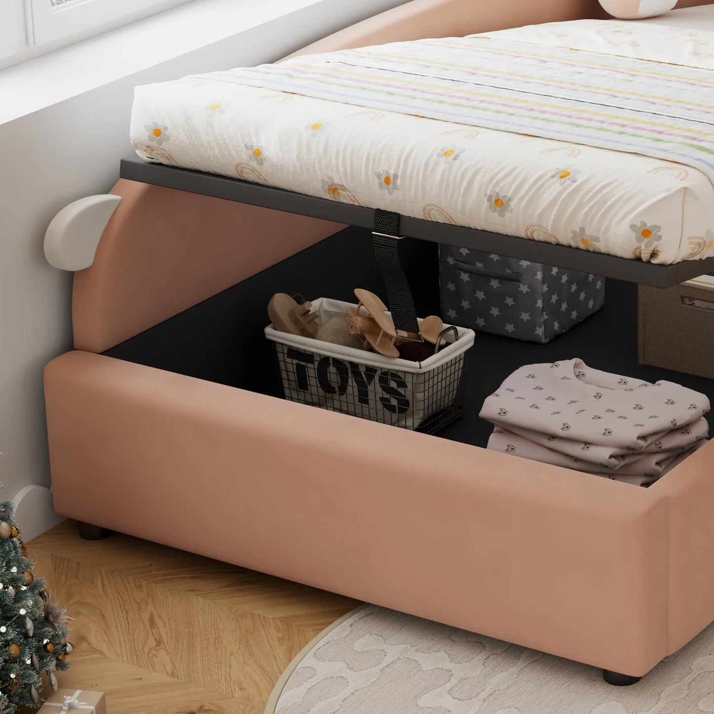 Polsterbett, Einzelbett, Babybett, niedlicher Hasenkopf, hydraulisches Bett mit Stauraum, erhöhter weicher Zaun, Samt, rosa + weiß, 90 x 200 cm