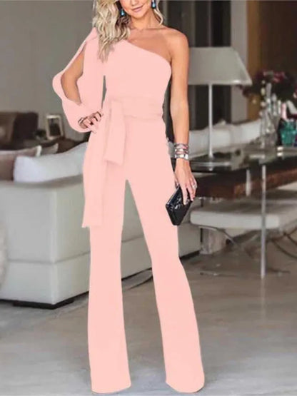 Temperament Solid Color Slim Jumpsuits Women Sexy Off Shoulder Slant Collar High Waist Leace-up Bodycon Jumpsuit Streetwear 2024.