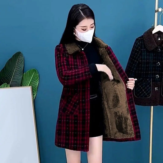 Frauen Plaid Mantel Karierten Winter Mutter Jacke Taschen drehen-unten Kragen einreiher Mid Länge Mantel Mid-aged frauen Mantel