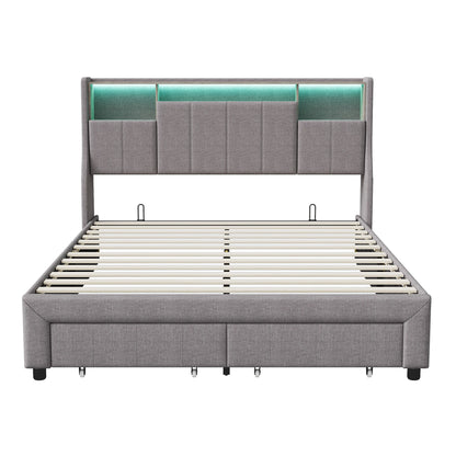 Lazyspace Leinen-Polsterbett, Doppelbettgestell mit Stauraum, Kopfteil und 2 Schubladen, 140/160 x 200 cm, Grau