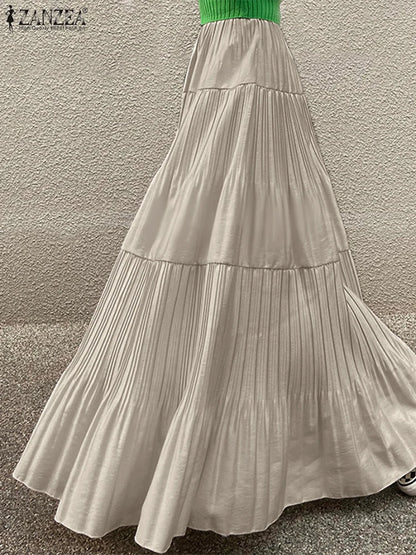 2025 ZANZEA Oversized Summer Maxi Skirts Women Elastic Waist Pleated Long Skirt Casual Solid Color High Waist Ruffled Skirts.