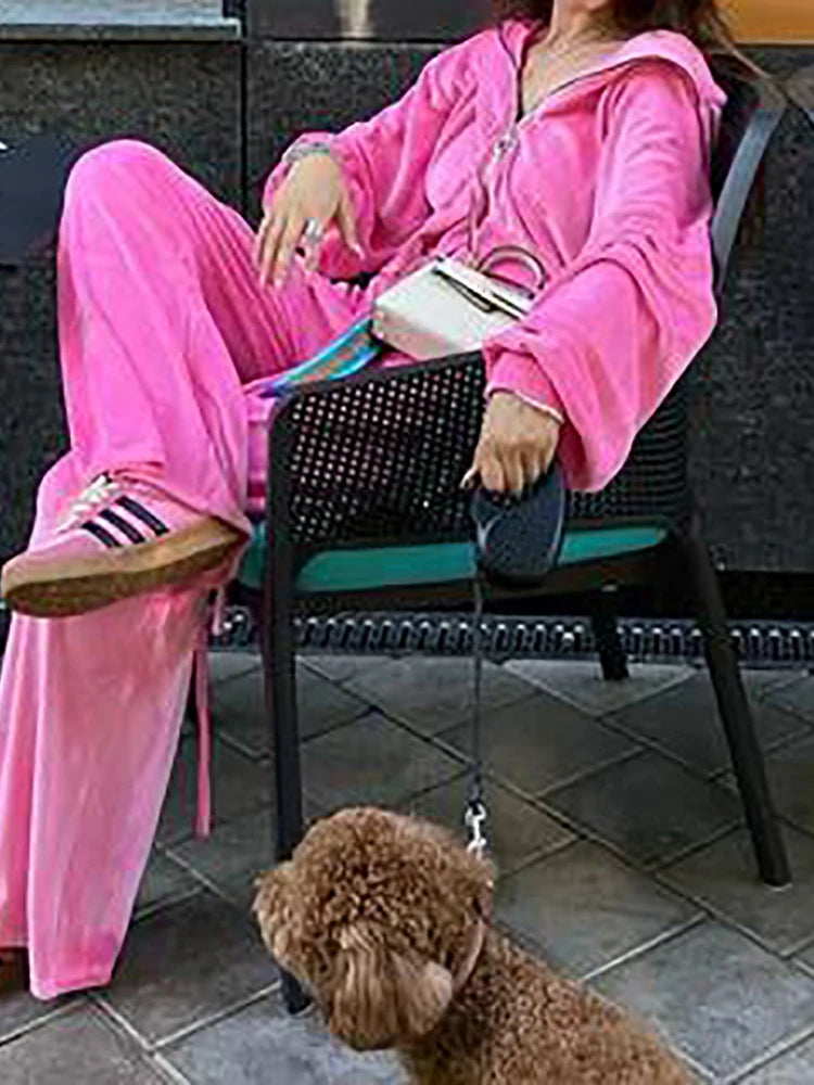 Women Autumn Hooded Coat Two Pieces Sets, Solid Patchwork Wide Leg Pants Chic Outfit, New Long Sleeve Casual Simple Ladies Suits.