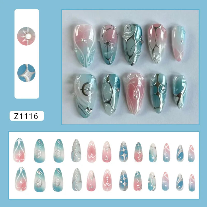 24pcs Red Star Print Fake Nails Sweet Cool Short Almond Press on Nail for Women Wearable Detachable Ins Spice Girl False Nails.