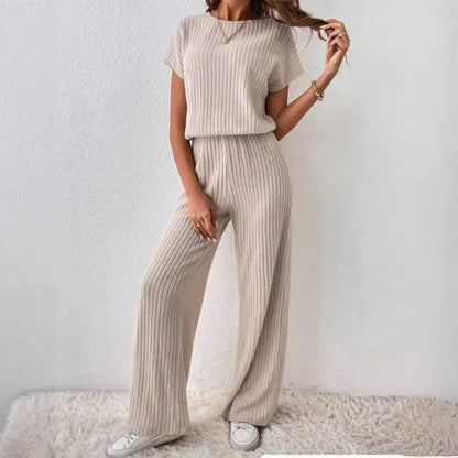 Two Piece Pant Sets Women Straight Pants Tops Pullover Short Sleeve Round Neck Spliced Top Solid Casual Streetwear Summer.