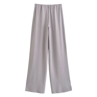 HH Women's 2-Piece Set Fashion Slimming Double-Sided Fabric Round Neck Long-Sleeve Top+Elegant Stretch Casual Wide Leg Pants.