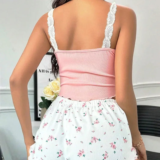 Rosa Spitzen-Patchwork-Pyjama-Set mit V-Ausschnitt für Damen, Nachtwäsche, sexy Nachthemden, Cami-Top, bedruckte Shorts, weiche Pyjamas, Loungewear