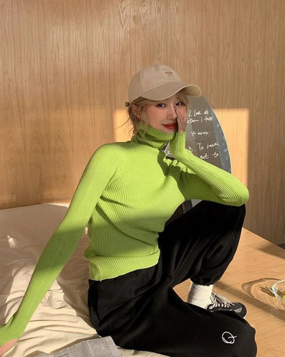 Neue Herbst Winter Grundlegende Gestrickte Tops Frauen Rollkragen Pullover Casual Pullover Koreanische Mode Einfache Mit Daumen Löcher Chic Kleidung.