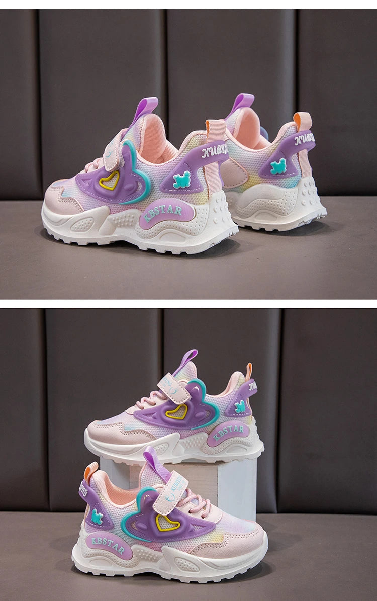 Girls Sports Shoes Kids Running Shoes Pink Breathable Air Mesh Heart Sweet Sneakers Cute Hook & Loop Children's Casual  Shoes.