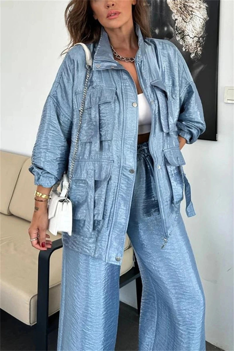 Streetwear 2 Piece Sets Women Outfit Spring Clothes Women 2025 Solid Pocket Jacket Top and Pant Sets Safari Style Tracksuits Set.