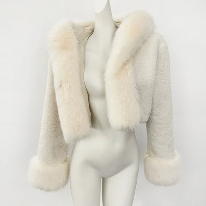 OFTBUY Lammwolle Weibliche Herbst Warme Dicke Faux Pelz Jacke Künstliche Winter Kleidung Frauen Mit Kapuze Kurze Pelzmantel Umweltfreundliche