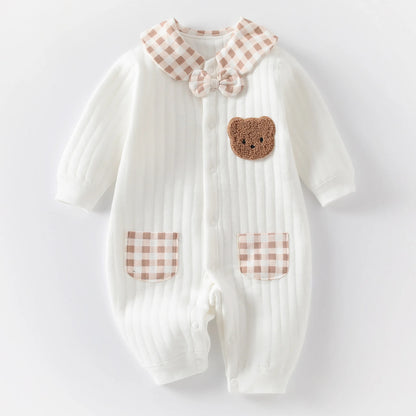 Neugeborenen Baby Overall Kleidung Winter Verdickt Strampler Jungen Mädchen Nette Stickerei Bär Body Herbst Kleidung 0-1-3-6M.