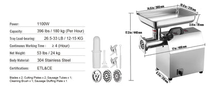 SucceBuy Electric Meat Grinder Food Processors Sausage Maker Filler Mincer Stuffer Stainless Steel with 2 Blades for Kitchen.