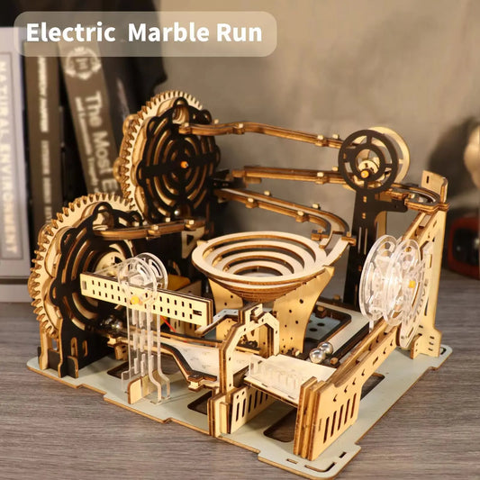 Electric 3D Wooden Puzzles Marble Run Model Kits  Brain Teaser Puzzle DIY handmade Christmas gift(Without battery).
